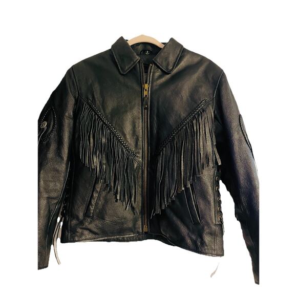 Vintage Black Leather Motorcycle Biker Jacket Women's Sz Small Fringe Western - Picture 5 of 14